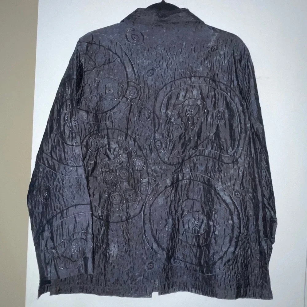 Chicos Design Silk Embroidered Beaded Jacket Size 2 Sz L Black Gray Evening Wear